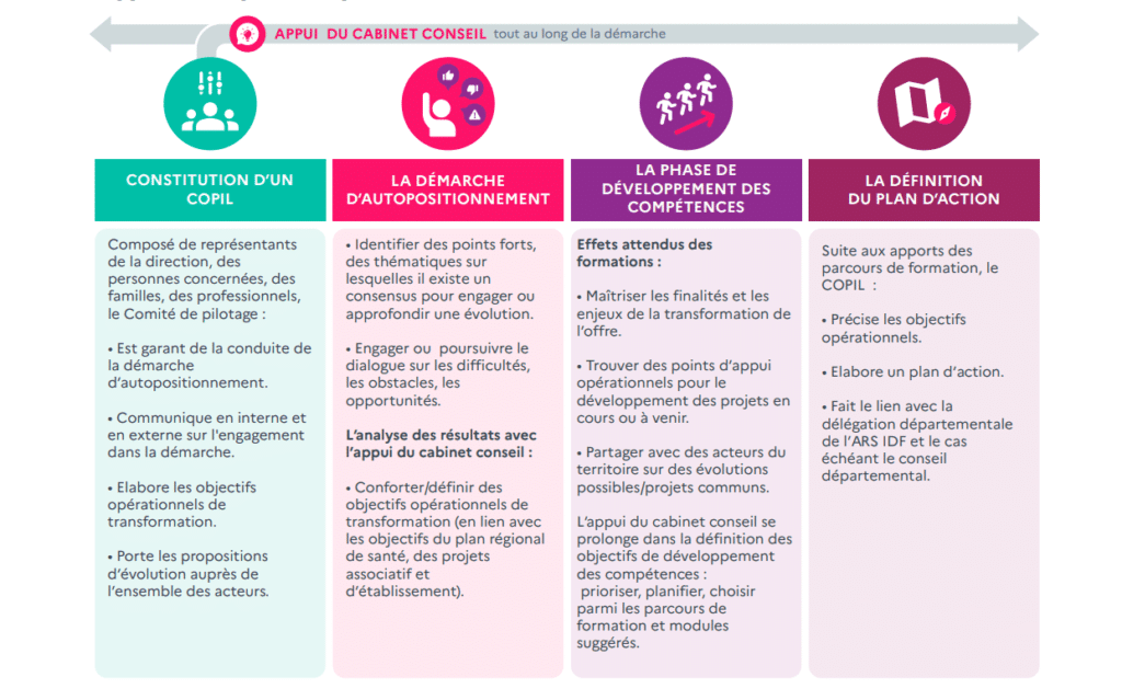 Cette image est une démonstration de l'appui du cabinet de conseil expliquant toutes les démarches à suivre en passant par la constitution d'un COPIL jusqu'à la définition du plan d'action.