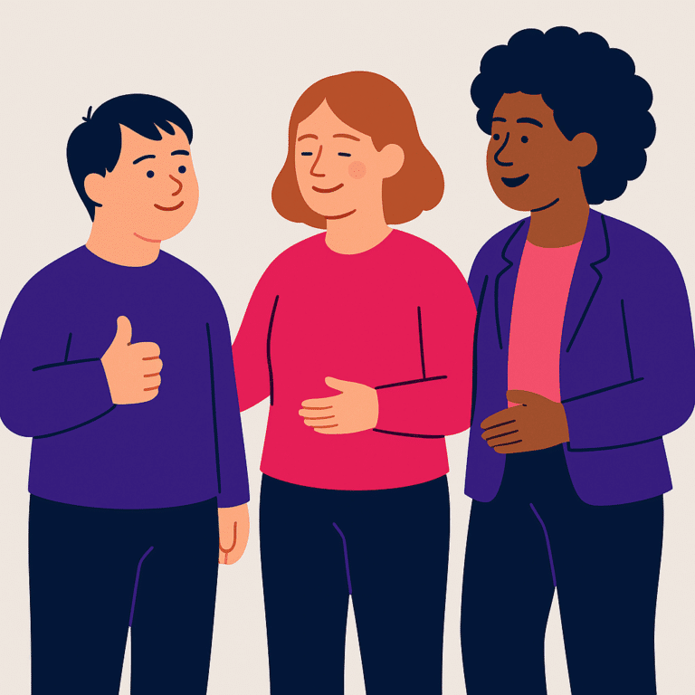 3 Personnes debout, 1 personne trisomique à gauche, une femme blonde au milieu et une homme grand noir à droite.